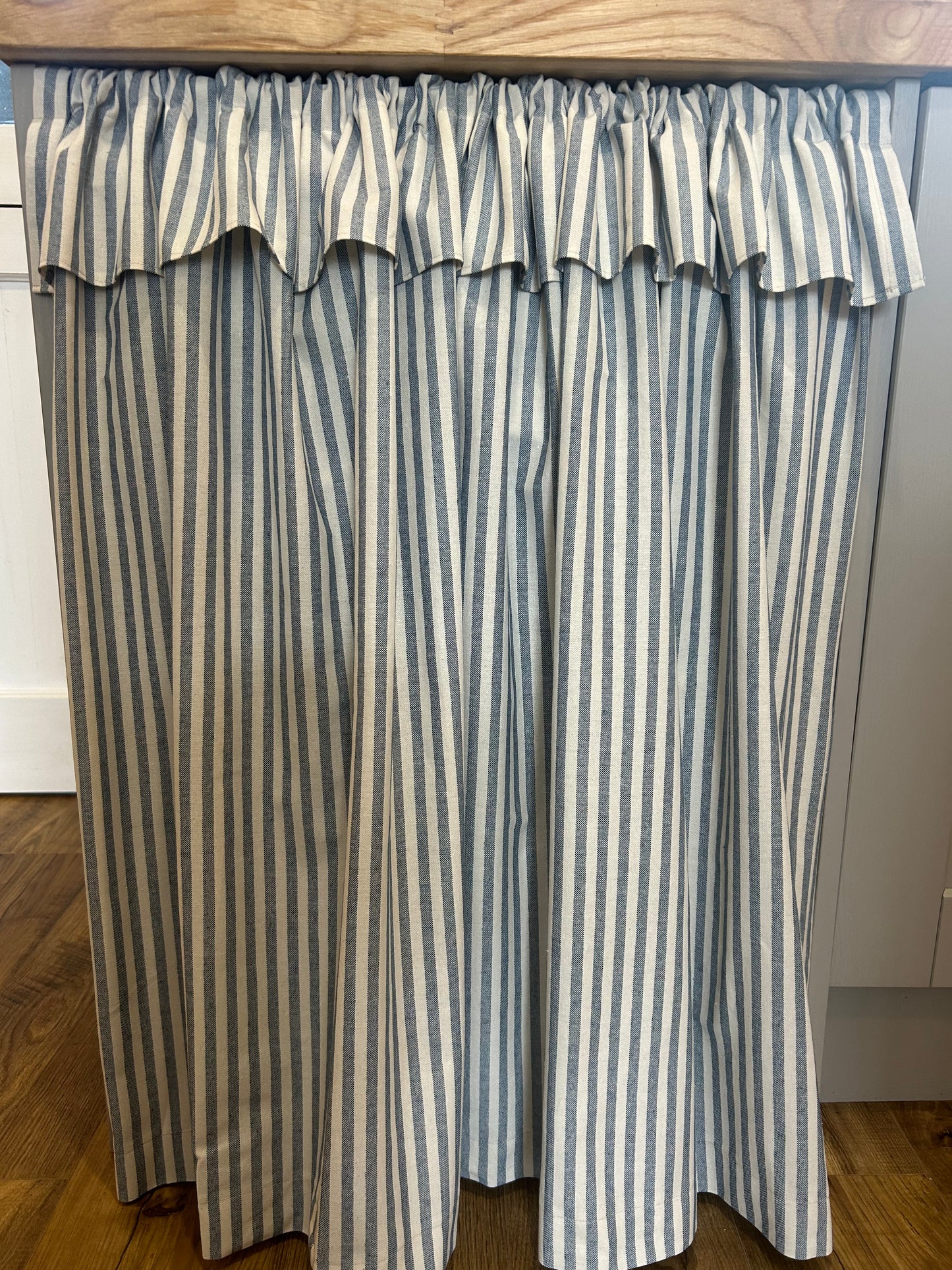 Kitchen Hideaway Curtain with Frill in natural & blue stripe