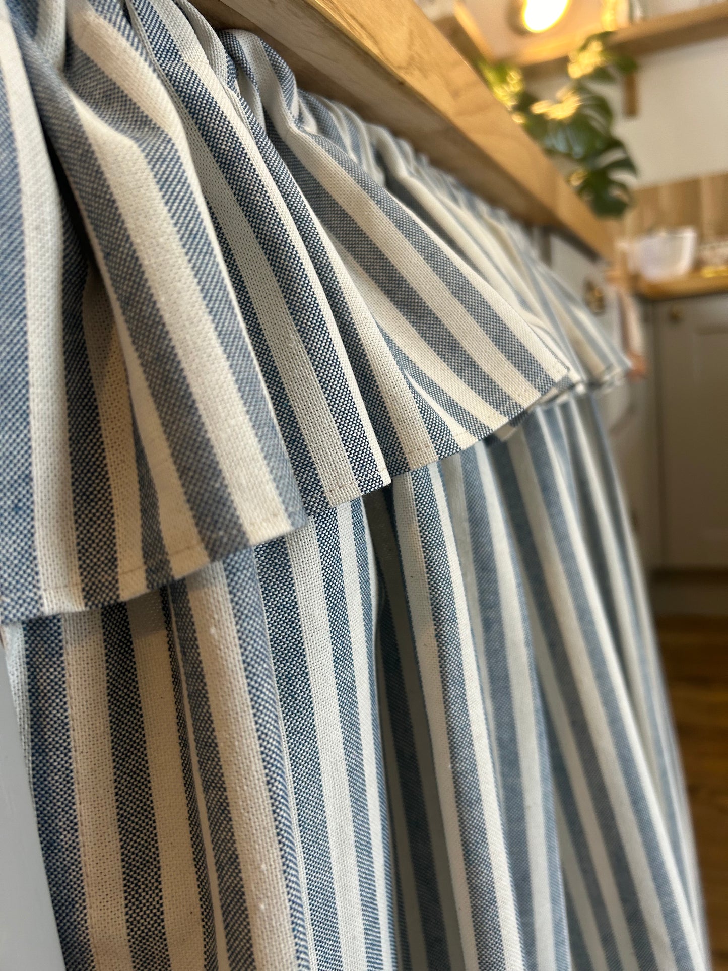 Kitchen Hideaway Curtain with Frill in natural & blue stripe