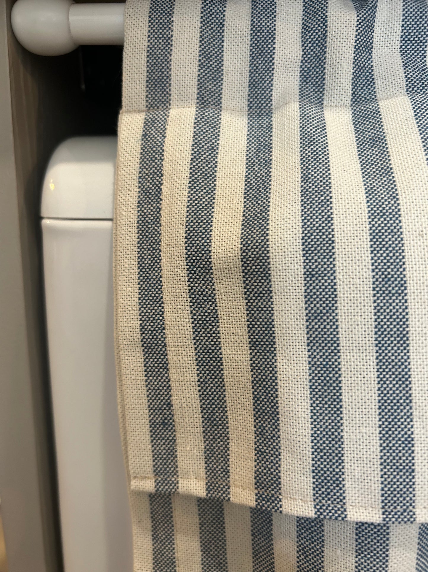 Kitchen Hideaway Curtain with Frill in natural & blue stripe