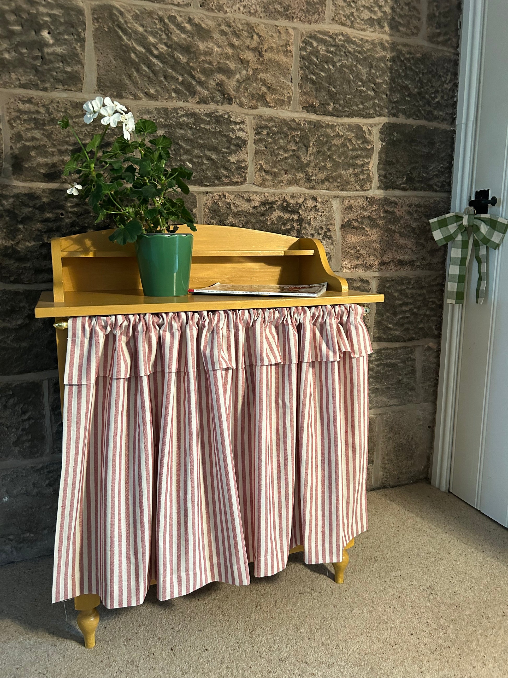 Red striped sink skirt with ruffle