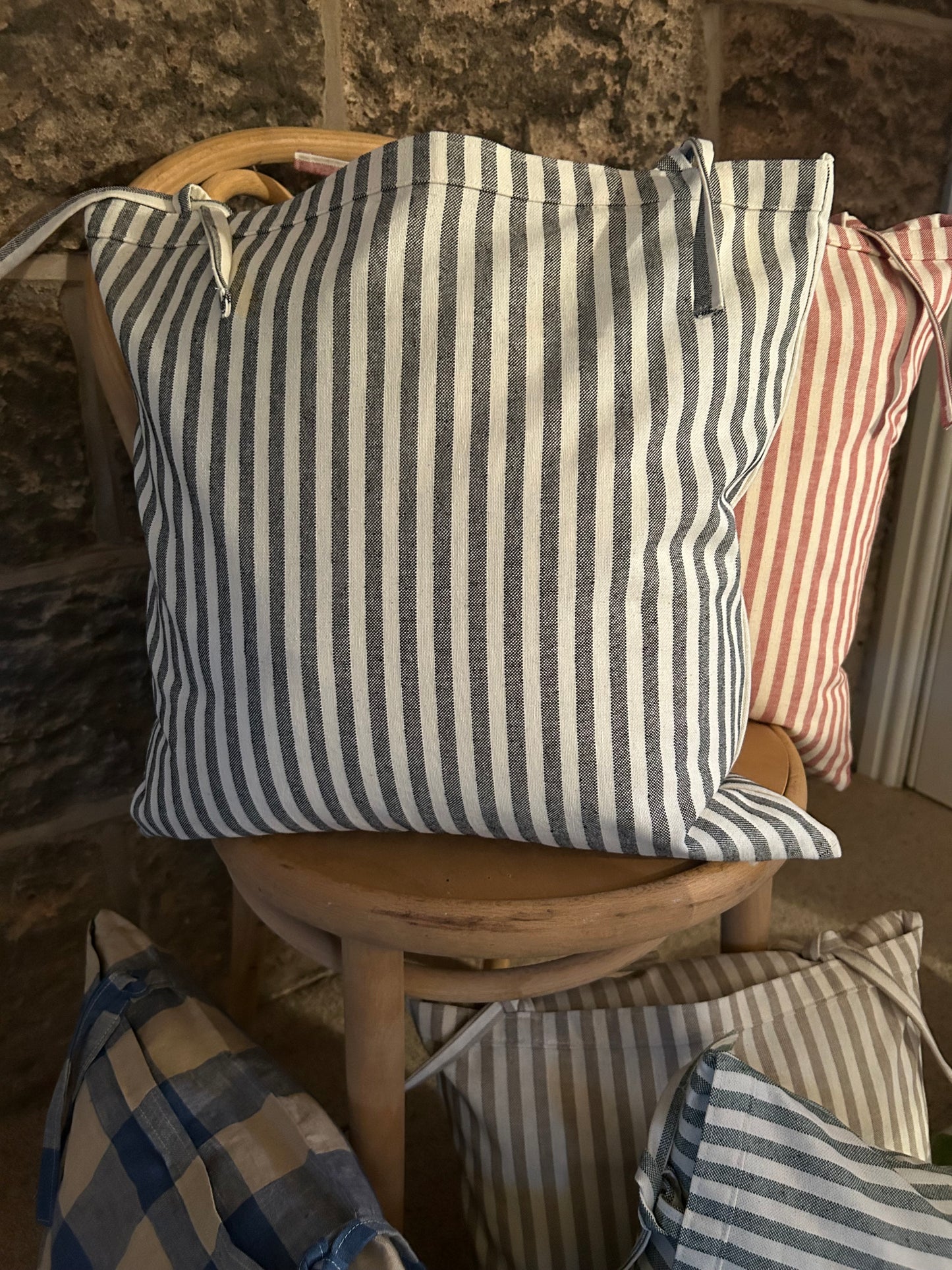 Cushion Cover Tie-Top Striped Red, Green, Blue, Beige or Charcoal