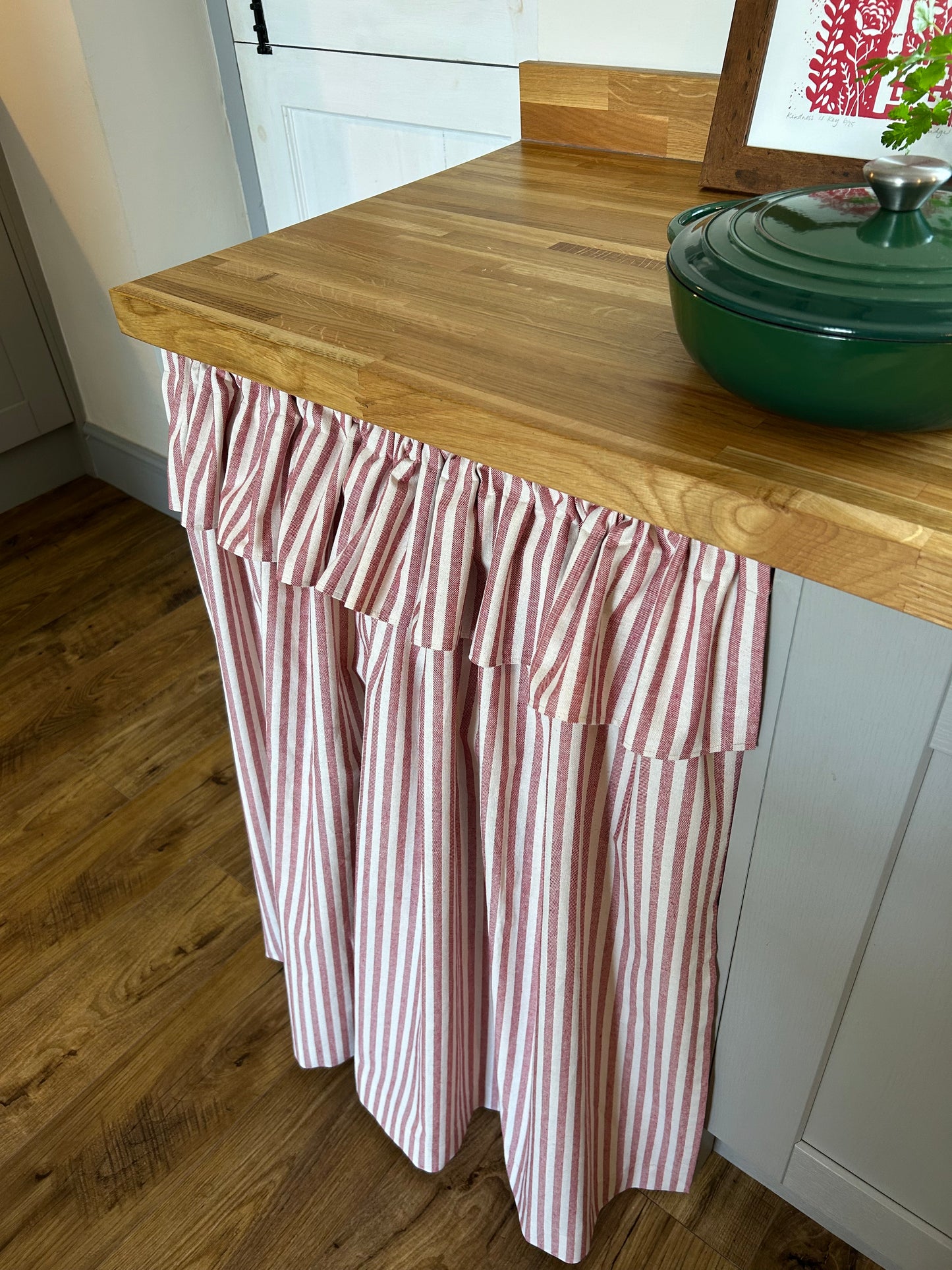 Striped Cafe Curtain with Ruffle - Red and Natural - Country Cottage Kitchen Curtain - Rod Pocket - Handmade UK