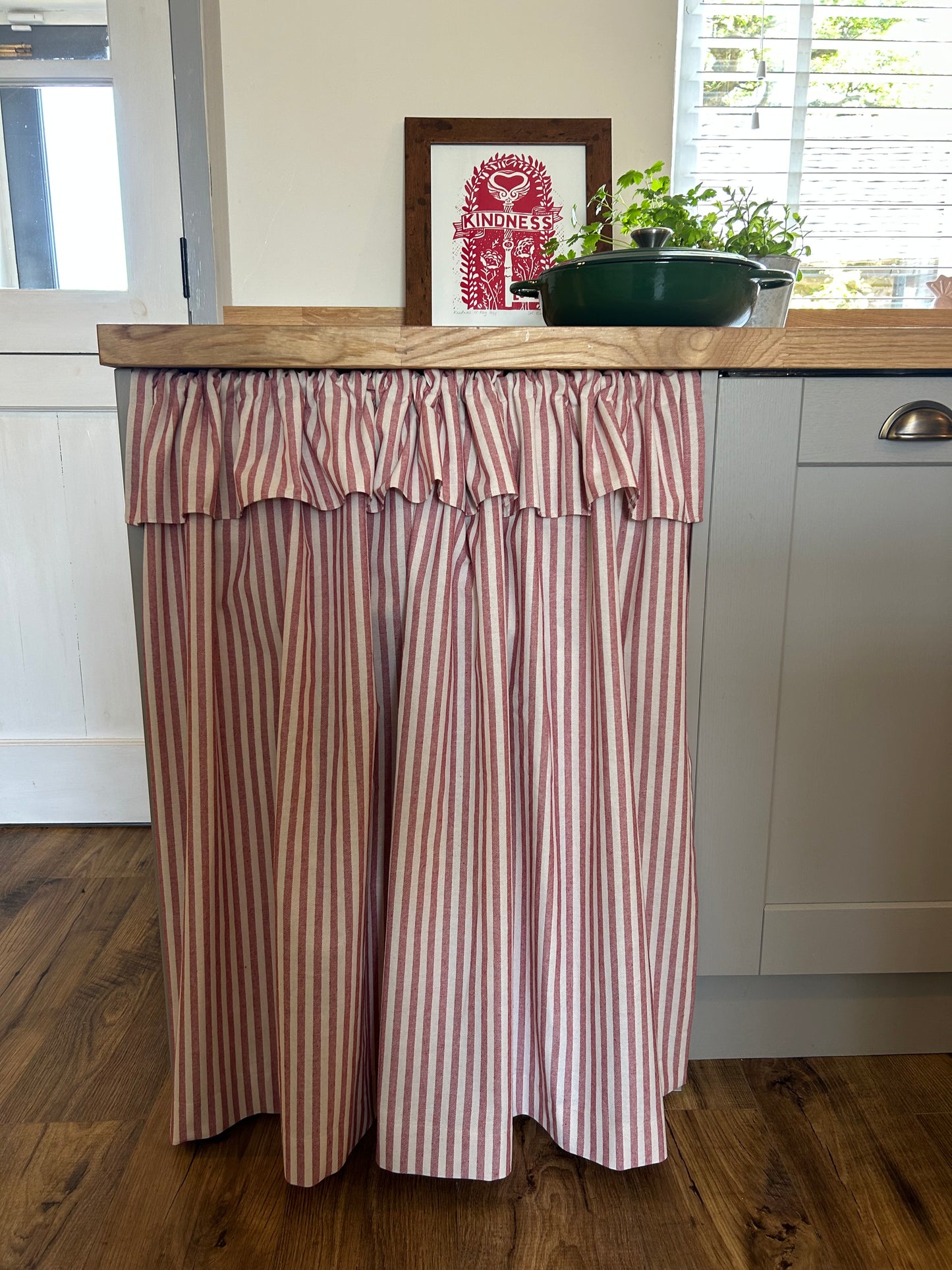 Red Striped under counter curtain with ruffle