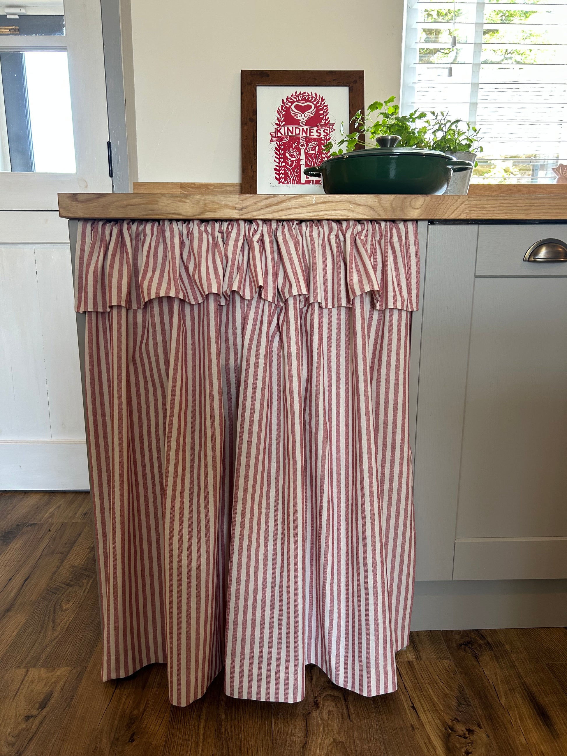 Red Striped under counter curtain with ruffle