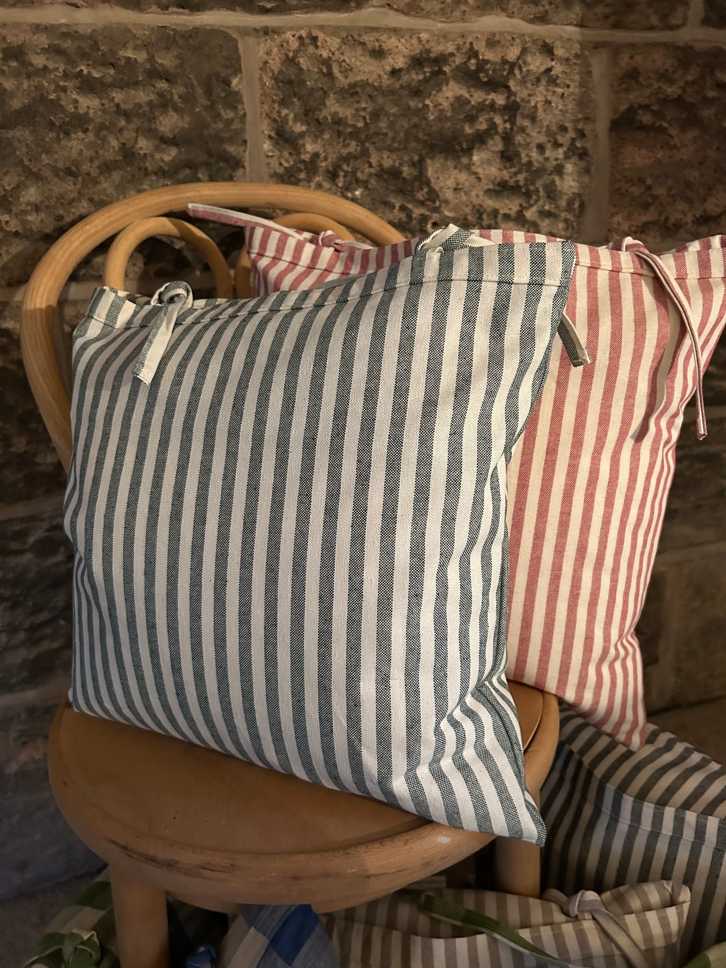 Cushion Cover Tie-Top Striped Red, Green, Blue, Beige or Charcoal