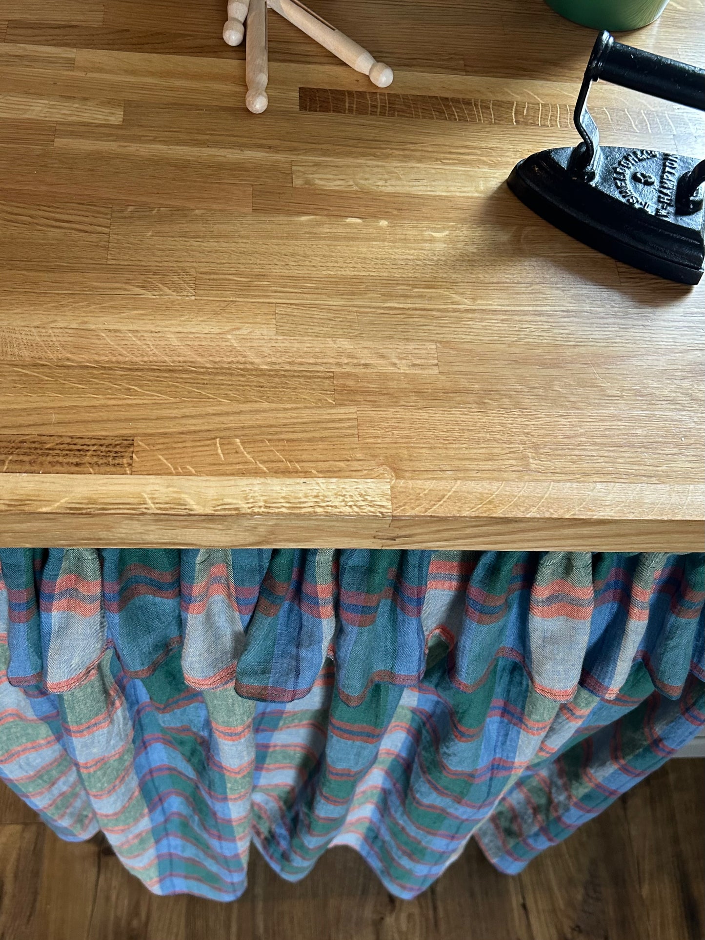 Under Counter Curtain Laundered Linen with Ruffle in tones of Forest Green, Blue and Orange