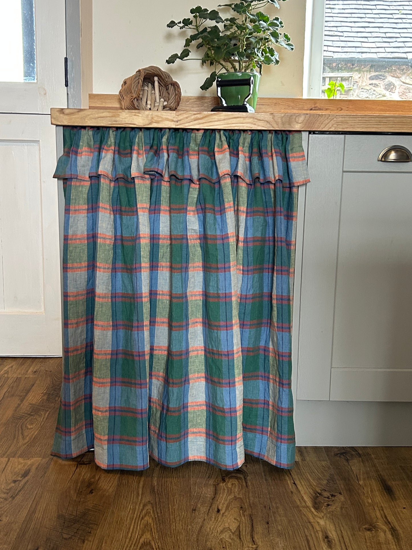 Under Counter Curtain Laundered Linen with Ruffle in tones of Forest Green, Blue and Orange