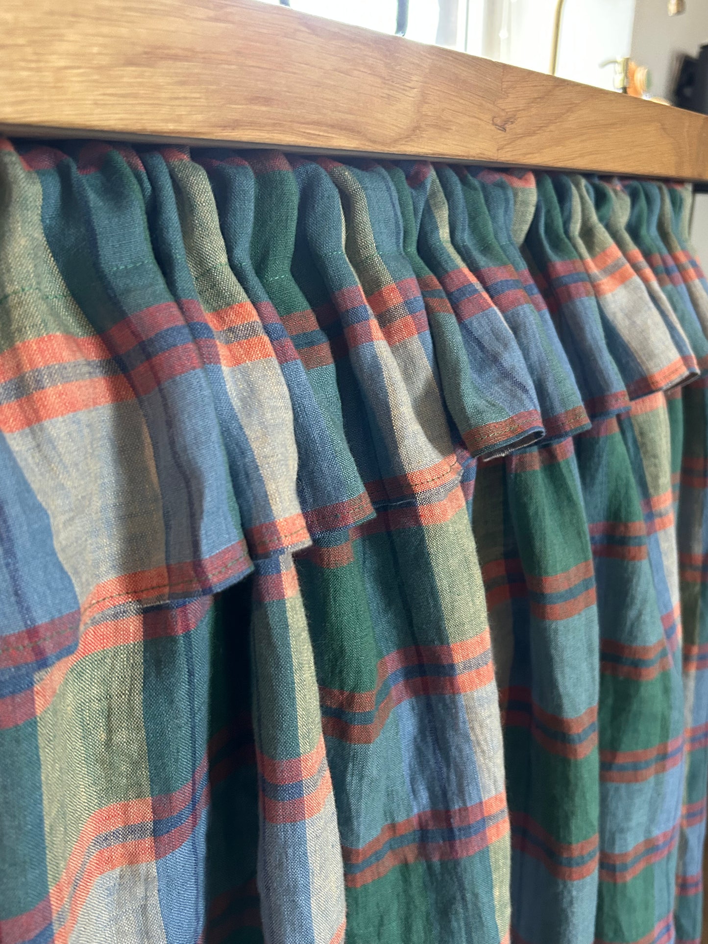 Under Counter Curtain Laundered Linen with Ruffle in tones of Forest Green, Blue and Orange