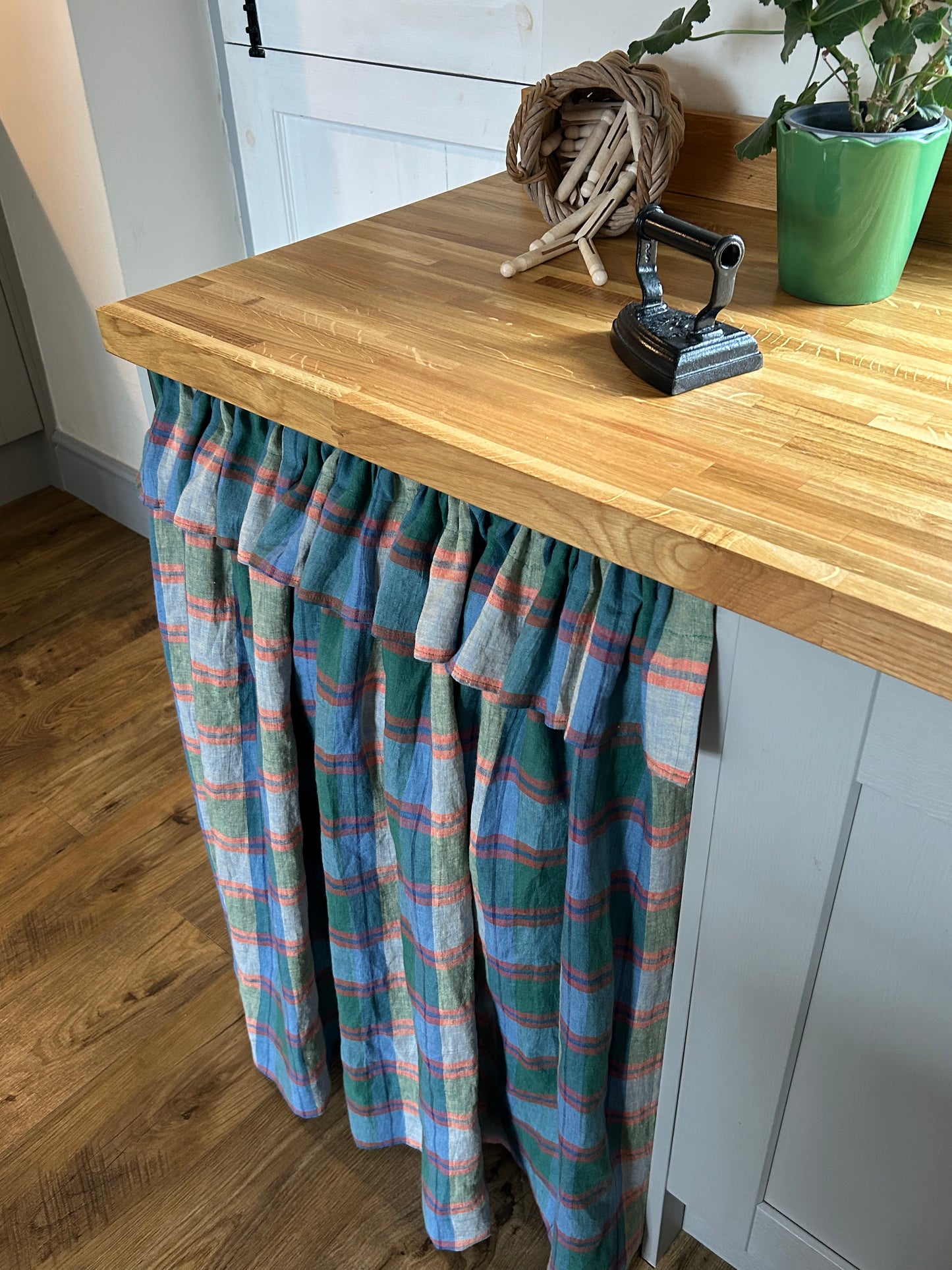 Under Counter Curtain Laundered Linen with Ruffle in tones of Forest Green, Blue and Orange