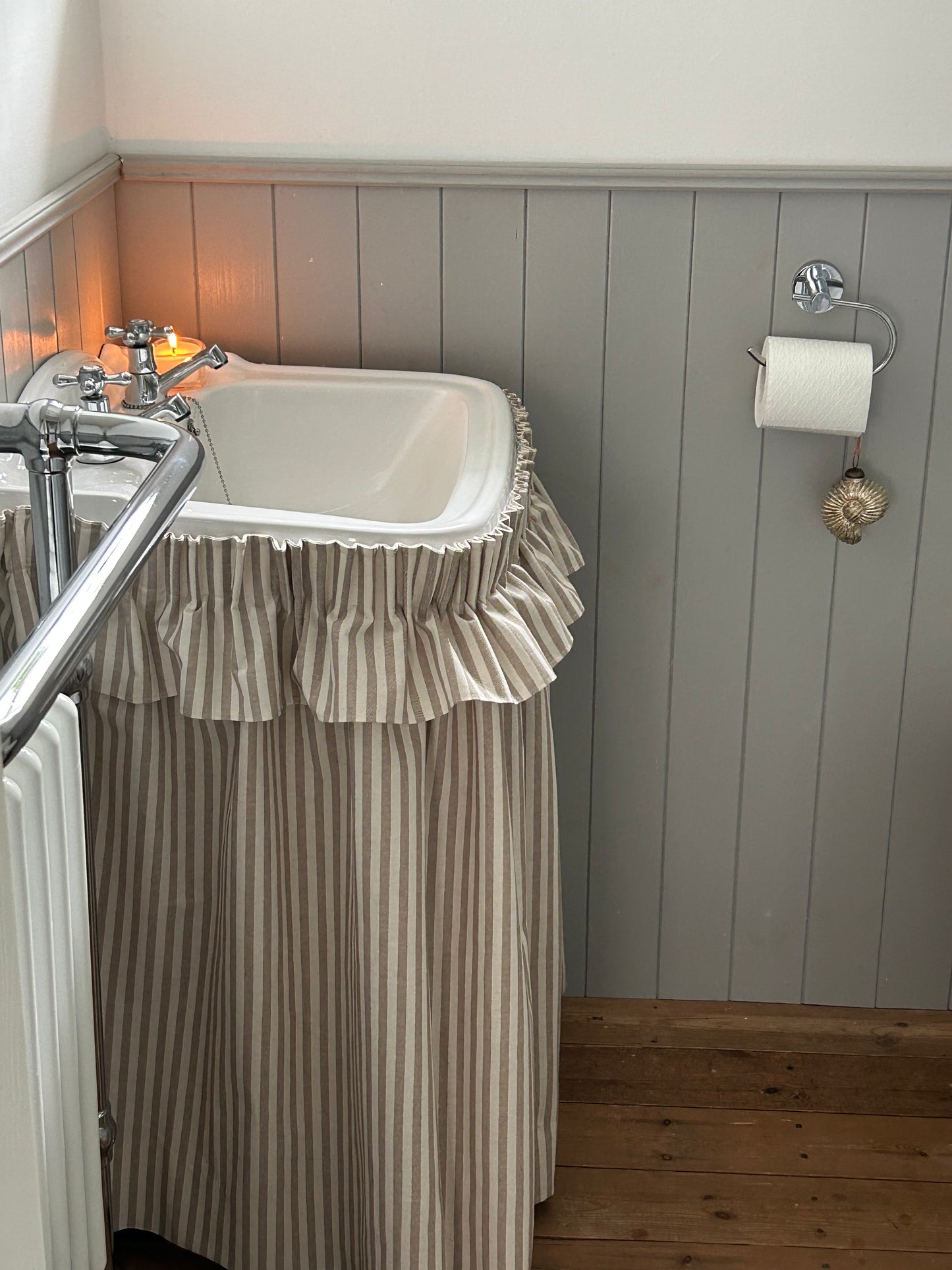 Sink Skirt with Velcro | Cottage Bathroom Basin Curtain | Under Sink Cover | Farmhouse Vanity | Neutral Stripe