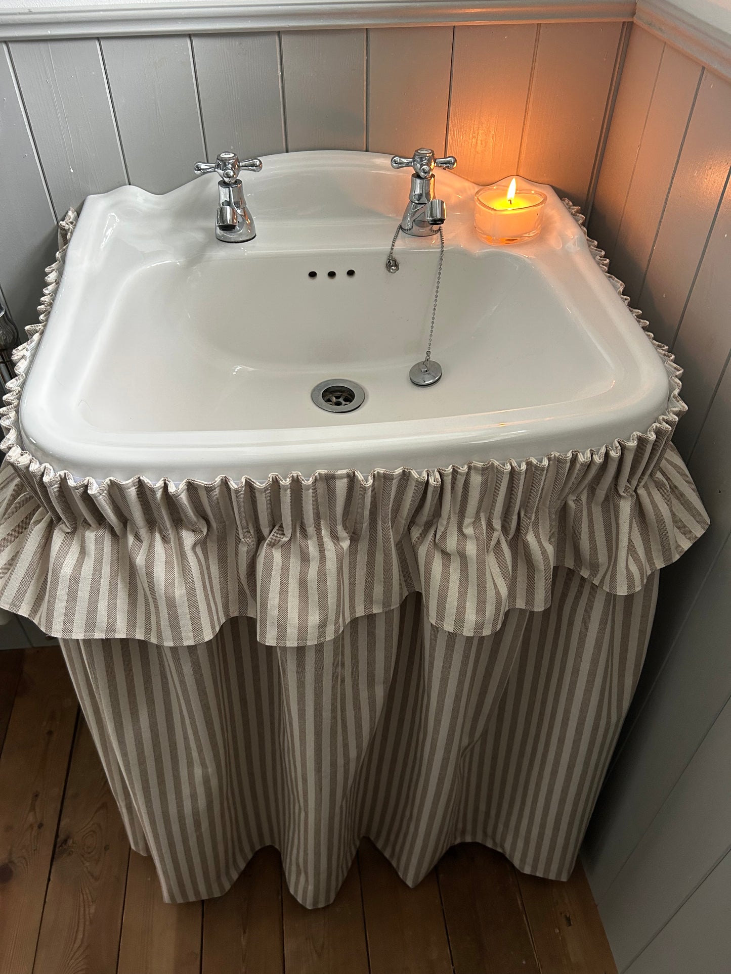 Sink Skirt with Velcro | Cottage Bathroom Basin Curtain | Under Sink Cover | Farmhouse Vanity | Neutral Stripe