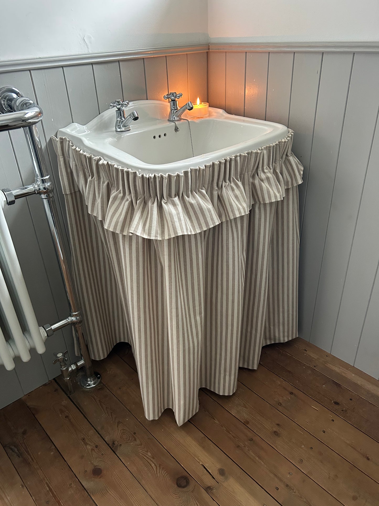 Sink Skirt with Velcro | Cottage Bathroom Basin Curtain | Under Sink Cover | Farmhouse Vanity | Neutral Stripe