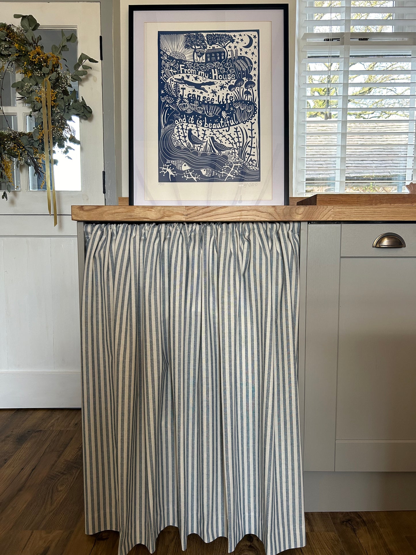 Kitchen Hideaway Curtain in natural and blue stripe