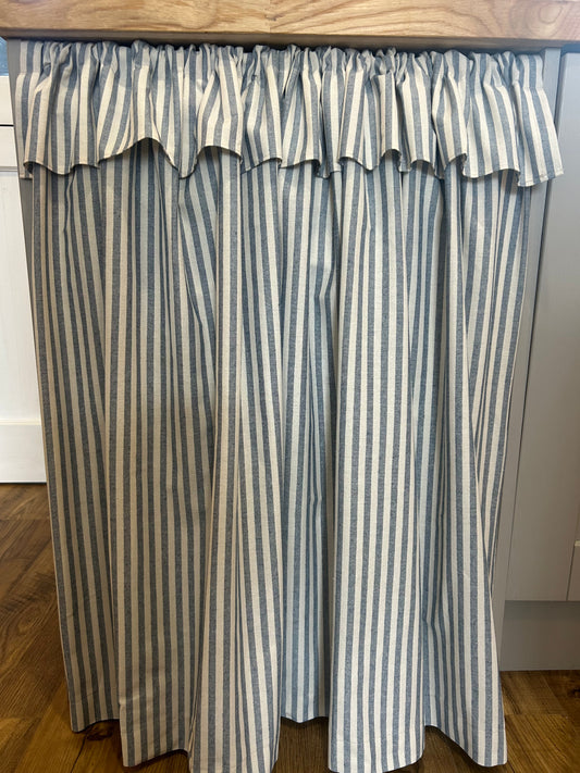 Kitchen Hideaway Curtain with Frill in natural & blue stripe