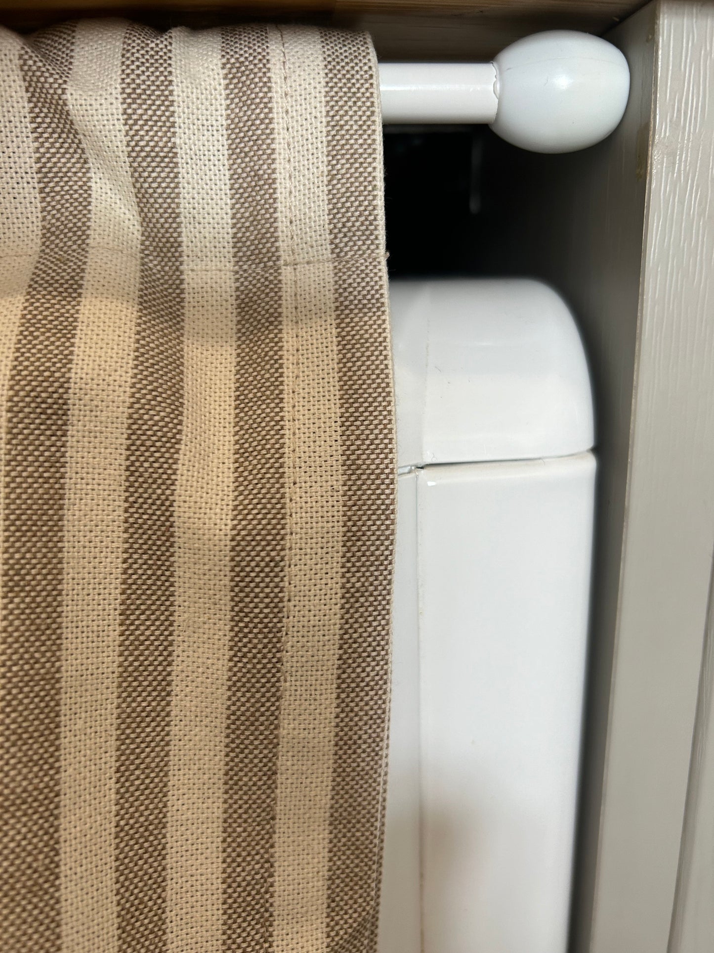 Kitchen Hideaway Curtain with Frill in natural & beige stripe