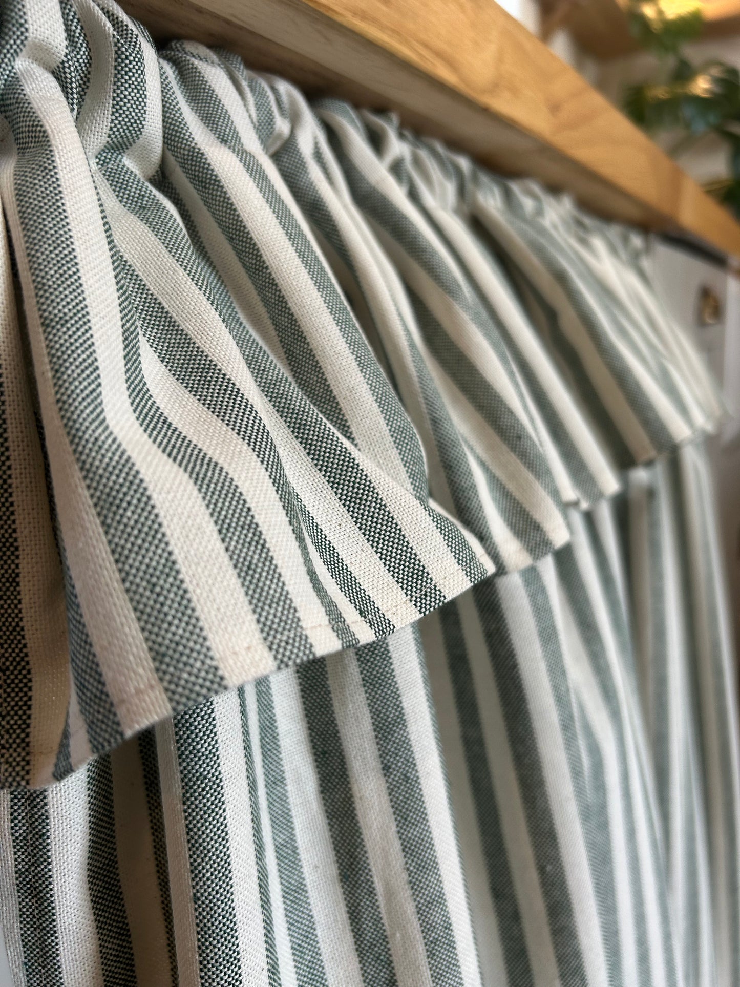 Kitchen Hideaway Curtain with Frill in natural & green stripe