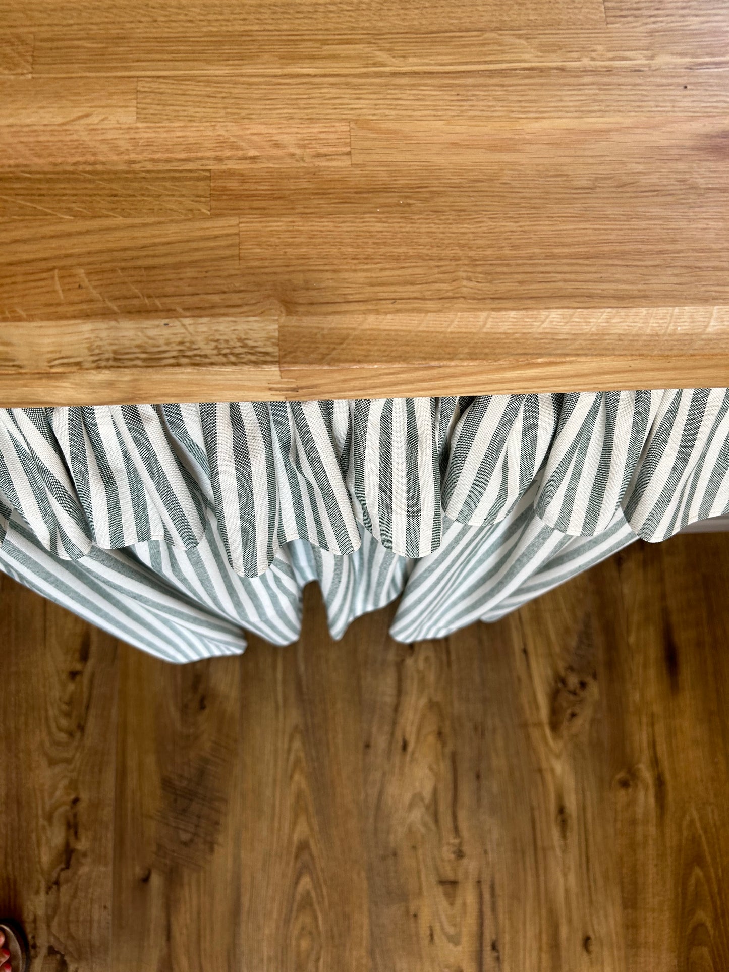 Kitchen Hideaway Curtain with Frill in natural & green stripe