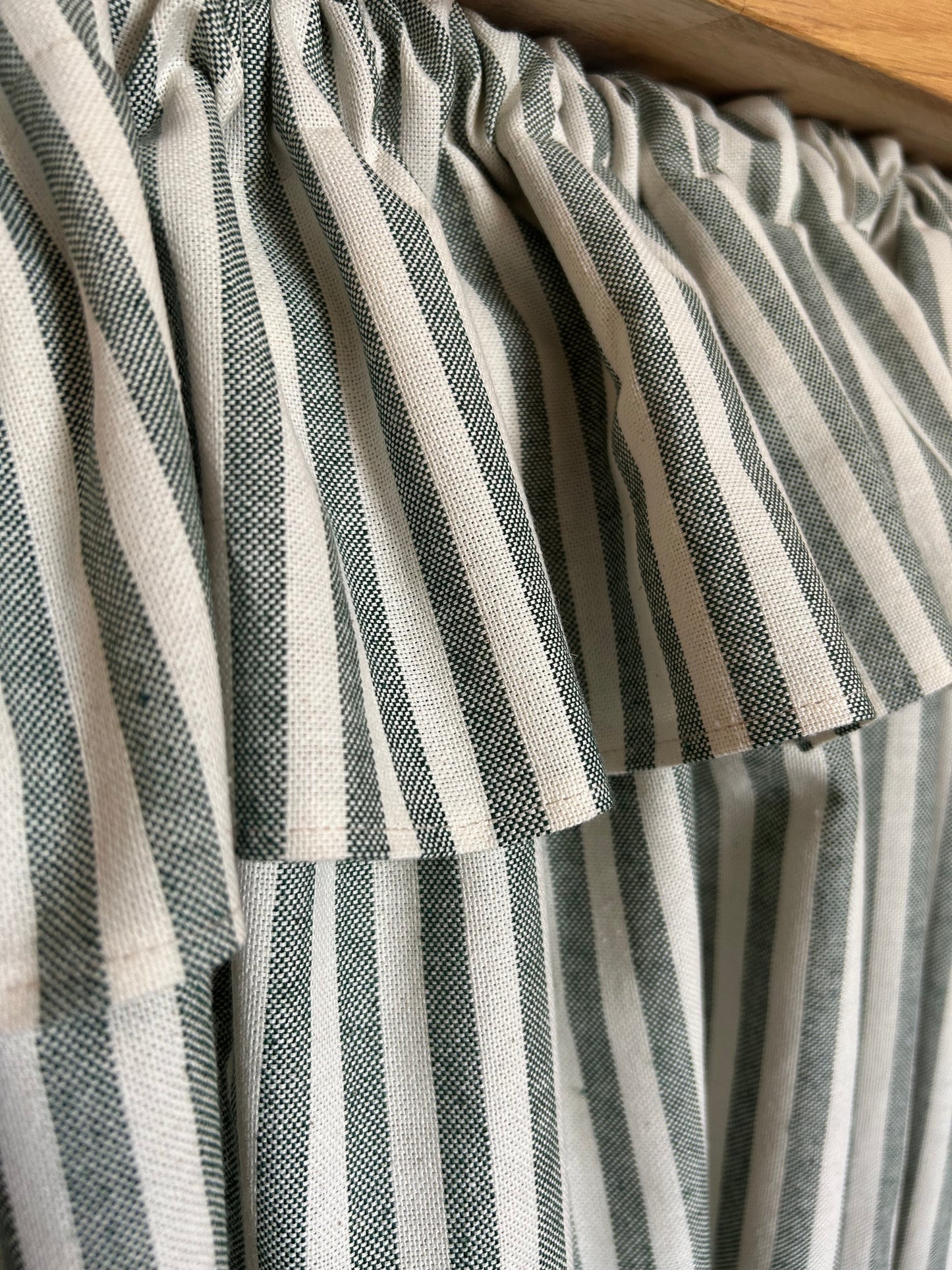 Kitchen Hideaway Curtain with Frill in natural & green stripe