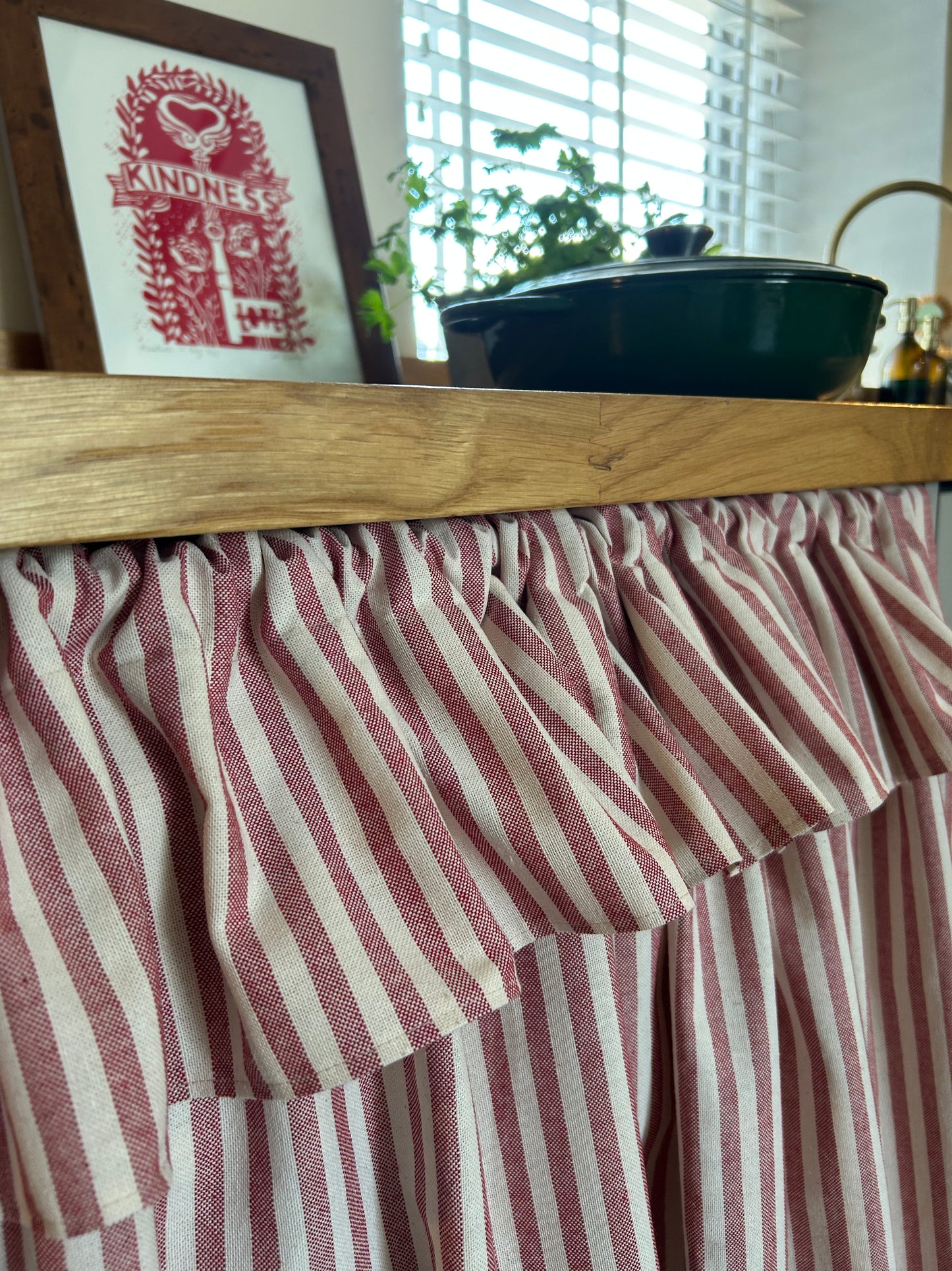 Striped Cafe Curtain with Ruffle - Red and Natural - Country Cottage Kitchen Curtain - Rod Pocket - Handmade UK
