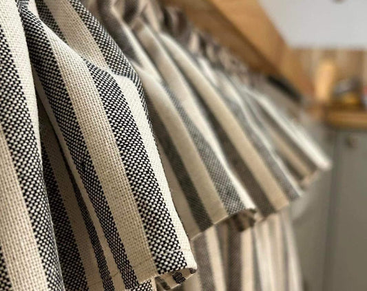 Kitchen Hideaway Curtain with Frill in natural & charcoal stripe