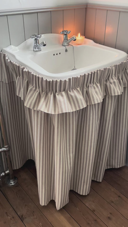 Sink Skirt with Velcro | Cottage Bathroom Basin Curtain | Under Sink Cover | Farmhouse Vanity | Neutral Stripe